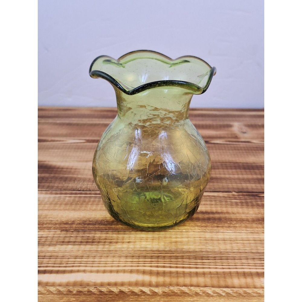 Vintage Rainbow Glass Hand Blown‎ Green Crackle Vase w/ Ruffled Rim 4.5" Avacodo